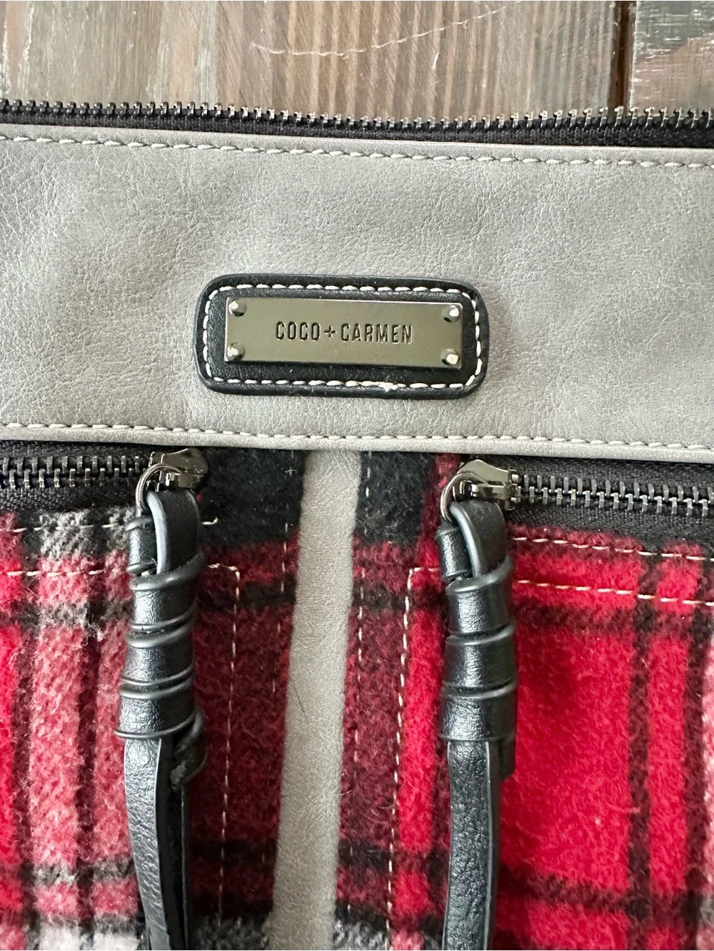 Coco + Carmen Red Plaid Crossbody with faux leather Gray Trim and Black Strap